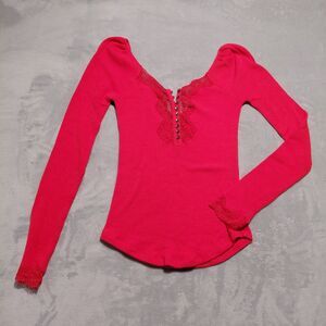 Y2K Free People To The West Red Ribbed Lace Trim Button Henley Long Sleeve Sz S